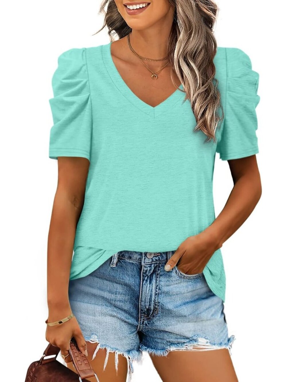 Women's Lake Green Polyester Blend Puff Sleeve V Neck Pull On Henley Shirts